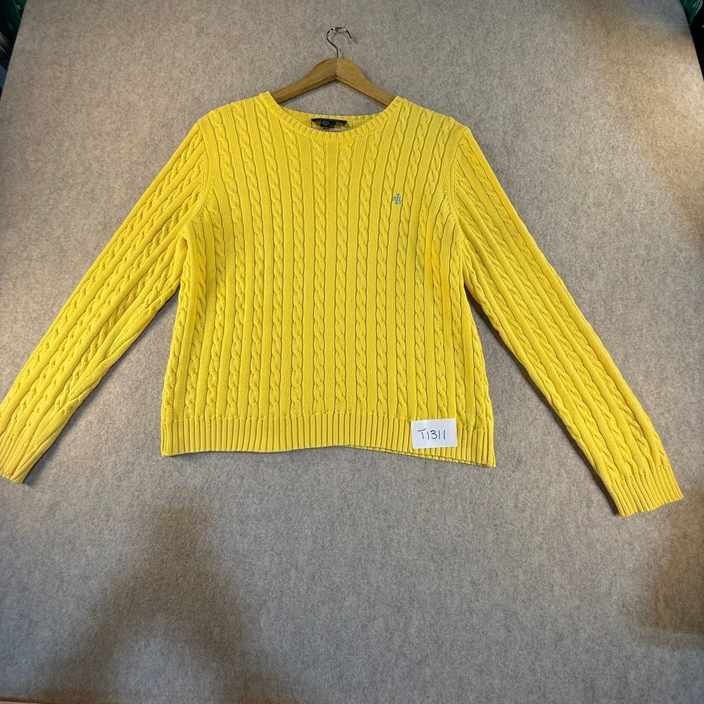 Lauren Ralph Lauren Yellow Cable Knit Cotton Sweater LRL Logo‎ Crew Neck Large